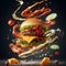 flying hamburger pieces splashing sauces fries veggies , cheddar , ketchup and mayo illustration