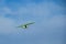 A flying hang-glider on the background of a blue sky