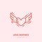 Flying heart with wings illustration. Fall in love flat line icon, romantic relationship. Valentines day greeting sign