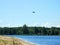 Flying helicopter over river Nemunas, Lithuania