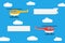 Flying helicopters with banners. Set of advertising ribbons on blue sky background. Vector.