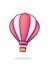 Flying hot air balloon with pink and white stripes. Summer journey by air transport. Romantic travel on aerostat