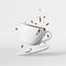 Flying hot chocolate porcelain cup splashes drops 3D rendering white. Floating fresh brewed steaming coffee cocoa drink