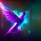 Flying hummingbird with neon lights on dark background. Vector illustration. AI generated