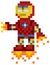 Flying iron man, robot in red metal suit. Pixelated cartoon character in jet boots with fire