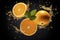 Flying juicy chopped oranges on black background. Food levitation