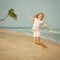Flying jump beach girl on blue sea shore