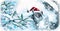 Flying or jumping funny tabby santa cat in red hat on covered with snow fir tree background. Winter Christmas panoramic greeting