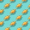 Flying Khachapuri Adjarian seamless food pattern at neo mint background. Georgian cuisine pattern. Endless texture