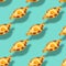 Flying Khachapuri Adjarian seamless food pattern at neo mint background. Georgian cuisine pattern. Endless texture