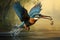 Flying kingfisher with fish in its beak, 3d illustration, Kingfisher catching fish in the water, Alcedo atthis, AI Generated