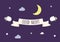 Flying lambs on a stairy sky with the moon and clouds with a Good Night message on a ribbon. Cute vector illustration