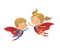Flying and laughing Superhero boy and girl. Brown Hair Super hero children illustration isolated on white background