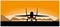 A flying military aircraft on a sunset background