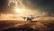 Flying military airplane propeller cuts through dramatic sunset sky generated by AI