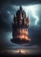 flying Mysterious medieval castle, Spooky old gothic castle, foggy night, dreamy. Ai generated image