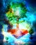 Flying mystical tree motive, original painting with graphic effect.