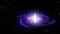 Flying near beautiful purple glowing galaxy in 3D in deep space. Space travel, sci-fi