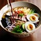 Flying Noodles Ingredient out of the bowl Japanese Mouthwatering Delicious Ramen Noodles with Egg Beef fruits and Vegetables