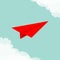 Flying origami red paper plane. Cloud in corners frame. Transportation collection. Love greeting card Typographical blue sky