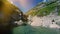 Flying over epic stone rocks in mountain river aerial view scenery