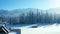 Flying over a fabulous winter mountain landscape on a clear sunny day. House on the foreground, trees and mountains on