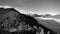 Flying over a forest on a pyrenean mountain, next to a sea of clouds. The snowy Montcalm mount appears in the background. Black an