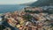 Flying over Garachico city center with colored houses. Aerial view of Old town of Garachico on island of Tenerife