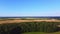 Flying over green and yellow fields. Aerial photography.