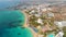 Flying over the island. Landscape. Mediterranean Sea and the coast. Cyprus. City resort. Drone Point of View. Blue