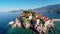 Flying over the island of Sveti Stefan, Montenegro, the Balkans