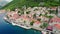 Flying over the old town of Perast, Kotor bay