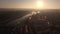 Flying over Prague and Vltava river at sunset