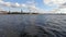 Flying over river Daugava, view to the old town Riga, Latvia