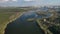 Flying over a river and forest near the city of Minsk.The reservoir space invaders.Belarus.Europe.