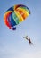 Flying a parachutist with an instructor on a colored parachute on a blue sky background