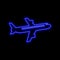 Flying passenger airplane, airliner neon sign. Bright glowing symbol on a black background.