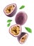 Flying passion fruits isolated on white background. Clipping path