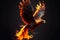 Flying phoenix on fire on dark background