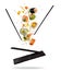 Flying pieces of sushi with wooden chopsticks and stone plate, i