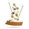 Flying pieces of sushi with wooden chopsticks and stone plate, i