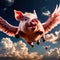 flying pigs with wings in sky with clouds smiling