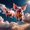 flying pigs with wings in sky with clouds smiling