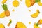 Flying pineapples, seamless pattern background with a whole and sliced pineapple fruits. Falling pineapples with blurred effect,