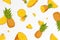 Flying pineapples, seamless pattern background with a whole and sliced pineapple fruits. Falling pineapples with blurred effect,