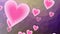 Flying pink hearts on violet polygonal bakcground. Cute animation spring time, Valentines day, wedding,