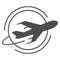 Flying plane around globe solid icon, airlines concept, around world vector sign on white background, plane flying globe