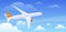 Flying plane at cloudy blue sky vector flat illustration. Passenger airplane flight carrying people