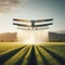 A flying plane sprays a field from the air.