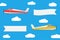 Flying planes with banners. Set of aircrafts with advertising ribbons on blue sky background. Vector.